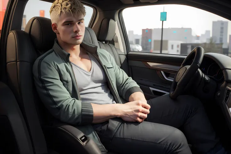 three quarter side view, hyperrealistic, (masterpiece), high details, ultra-realistic, photograph of <lora:malikdv9:1> malikd, muscular male, blonde hair, short hair, facial hair, male focus, sitting in a Cadillac, behind steering wheel, car interior, dashboard, carseat, front seat, (looking at viewer), arm on car door, blurry commercial district background, bokeh, 32k, cinematic, midnight, (((designer jacket and shirt))), (((designer pants))), (((SFW))),