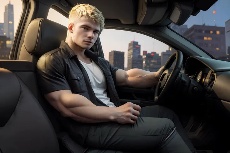 three quarter side view, hyperrealistic, (masterpiece), high details, ultra-realistic, photograph of <lora:malikdv9:1> malikd,, muscular male, blonde hair, short hair, facial hair, male focus, sitting in a Cadillac, behind steering wheel, dashboard, carseat, front seat, (looking at viewer), arm on car door, blurry commercial district background, bokeh, 32k, cinematic, midnight, (((designer jacket and shirt))), (((designer pants))), (((SFW))),