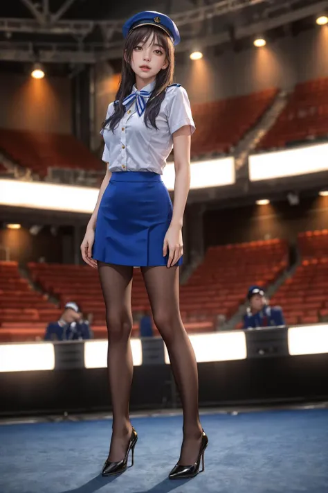 <lyco:GoodHands-beta2:1>,8k,highres,absurdres,masterpiece,best quality,original,extremely detailed CG,extremely detailed wallpaper,perfect lighting,
1girl,solo,blurry_background,looking_at_viewer,standing on the stage,
<lora:0434 stewardess_v2:0.6>,ruanyi0434,blue skirt,uniform,white shirt,miniskirt,stewardess hat,pantyhose,