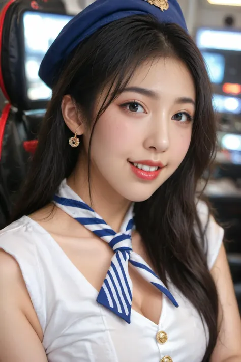 score_9, score_8_up, score_7_up, source_photo, realistic, nsfw, The Korean goddess brings flight attendant fantasies to life in her neon-drenched purple stream room. Seated in an LED gaming chair, her crisp white shirt hangs fully open from the bottom, the fabric parting to reveal her toned midriff, navel, and a luscious unobstructed view of her heaving breasts. A blue and white striped stewardess neckerchief adorns her neck, dangling flirtatiously between the swell of her ample cleavage. As she playfully tugs at her micro-miniskirt, teasing glimpses of lace garter belts and stockings tops are revealed. Neon signs and cute plush toys line the walls behind her gaming setup. With a coquettish smile, she adjusts her jaunty hat, enticing viewers into an exhilarating live experience. <lora:0434 stewardess_v1_pony:0.8>, ruanyi0434,