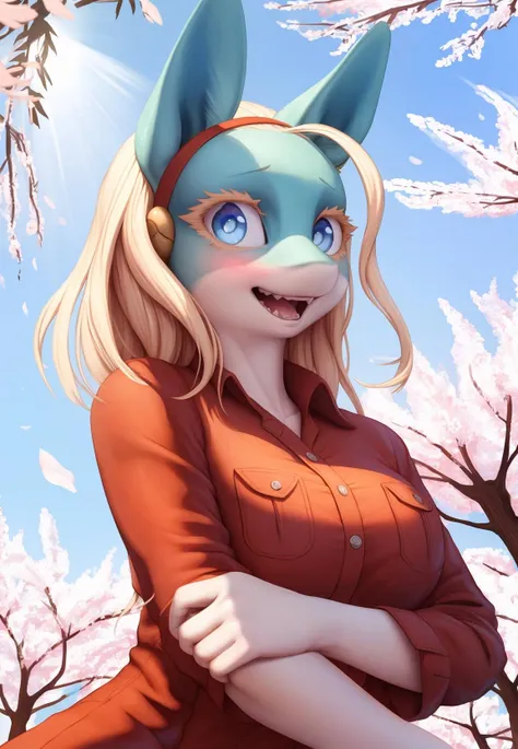 a beautiful and detailed kemono portrait of ippan josei, red dress shirt, outside, honovy hioshiru personalami, blue body, white body, smile, happy,hairband, looking at viewer, close up, medium breasts,cel shading, ((mouth open)), tongue, blush, sakura blossom, falling sakura leaves,shaded,teeth, posing, blue eyes, pupils, cinematic lighting, cinematic
 <lora:ippan josei fluffyrock 576 cs2:1>