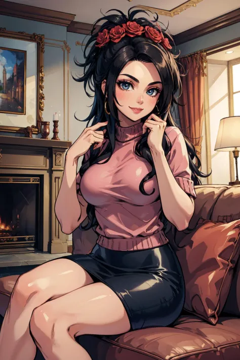 masterpiece, best quality, debora, hair flower, pink sweater, pencil skirt, living room, smile, sitting, couch, hands on own legs <lora:debora-nvwls-v1-000011:0.9>