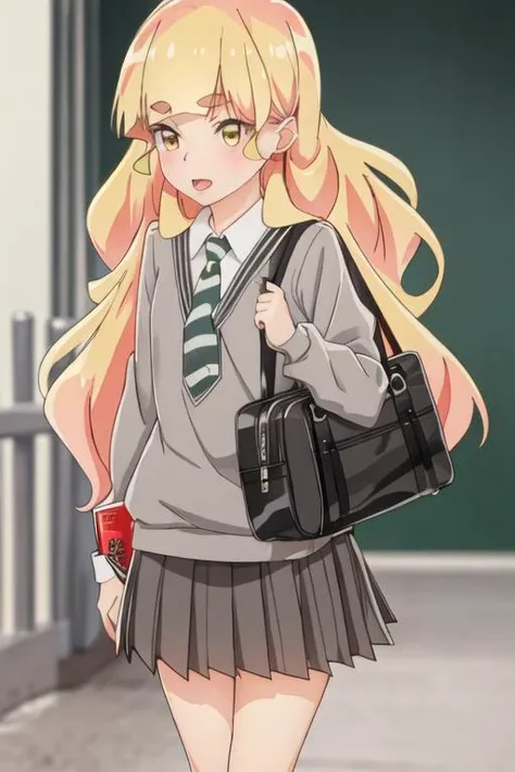 best quality, masterpiece, highres, solo, {shiraki_hime_watashinoyuriwaoshigotodesu:1.15}, blonde_hair, long_hair, bangs, thick_eyebrows, yellow_eyes, blunt_bangs, blush, open_mouth, 1girl, bag, necktie, school_uniform, sweater, long_sleeves, school_bag, looking_at_viewer, shirt, upper_body, closed_mouth