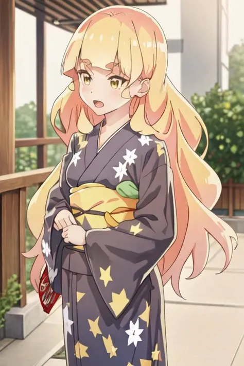 best quality, masterpiece, highres, solo, {yukata:1.40}, {kimono:1.20}, {shiraki_hime_watashinoyuriwaoshigotodesu:1.15}, blonde_hair, long_hair, bangs, thick_eyebrows, yellow_eyes, blunt_bangs, blush, open_mouth