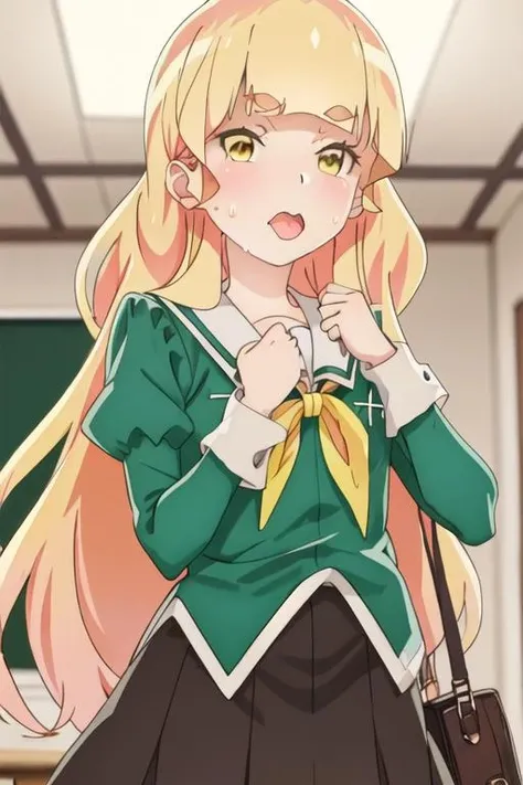 best quality, masterpiece, highres, solo, {shiraki_hime_watashinoyuriwaoshigotodesu:1.15}, blonde_hair, long_hair, bangs, thick_eyebrows, yellow_eyes, blunt_bangs, blush, open_mouth, 1girl, blurry, blurry_background, indoors, looking_at_viewer, sailor_collar, school_uniform, sweat, sweatdrop, upper_body, wavy_mouth, ceiling, ceiling_light, green_shirt, shaded_face, shirt, white_sailor_collar