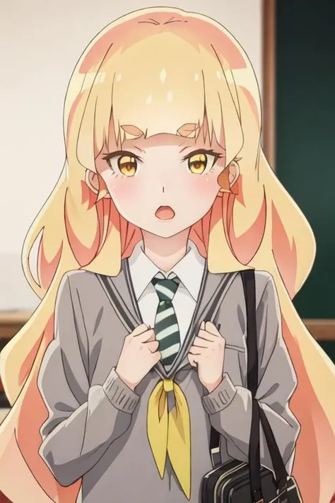 best quality, masterpiece, highres, solo, {shiraki_hime_watashinoyuriwaoshigotodesu:1.15}, blonde_hair, long_hair, bangs, thick_eyebrows, yellow_eyes, blunt_bangs, blush, open_mouth, 1girl, blurry, blurry_background, collared_shirt, necktie, school_uniform, shirt, white_shirt, closed_mouth, looking_at_viewer, upper_body, portrait, indoors
