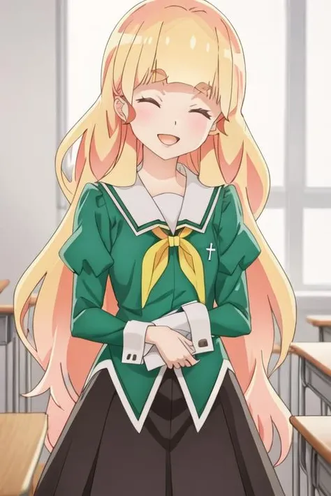 best quality, masterpiece, highres, solo, {shiraki_hime_watashinoyuriwaoshigotodesu:1.15}, blonde_hair, long_hair, bangs, thick_eyebrows, yellow_eyes, blunt_bangs, blush, open_mouth, 1girl, :d, ^_^, closed_eyes, facing_viewer, green_shirt, sailor_collar, school_uniform, smile, shirt, long_sleeves, neckerchief, puffy_sleeves, upper_body, white_sailor_collar