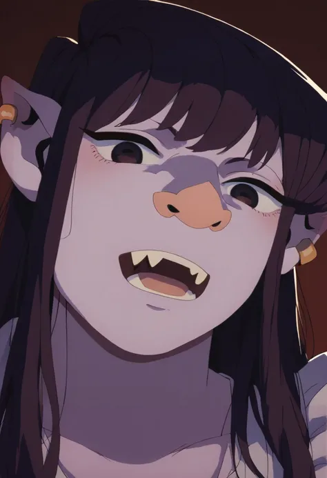 source_anime, score_9, score_8_up, score_7_up, rating_excplicit, 1girl, komi shouko, ,<lora:DMAnimeStyle:1>orc, long hair,  looking at viewer, fangs, ,  teeth, ear piercing, piercing,, plump