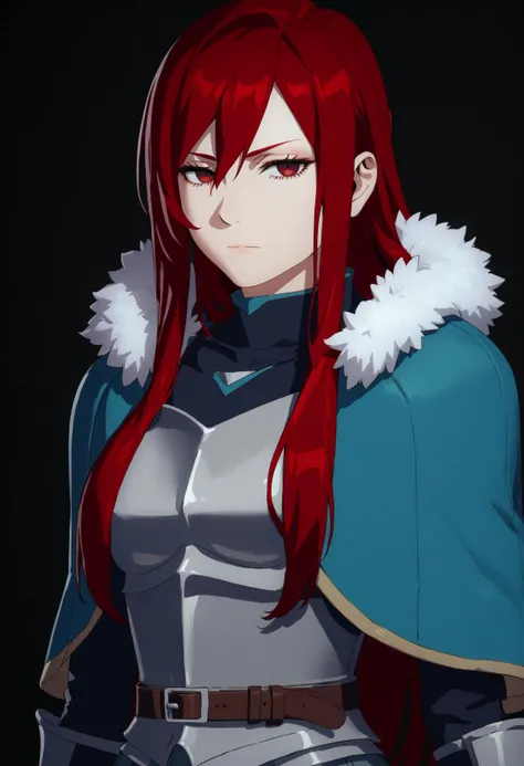 source_anime, score_9, score_8_up, score_7_up, rating_excplicit, 1girl, erza scarlet ,<lora:DMAnimeStyle:1> breastplate, belt, narrowed eyes, ,capelet, fur trim, gloves, expressionless, looking at viewer, red hair, belt, armor,