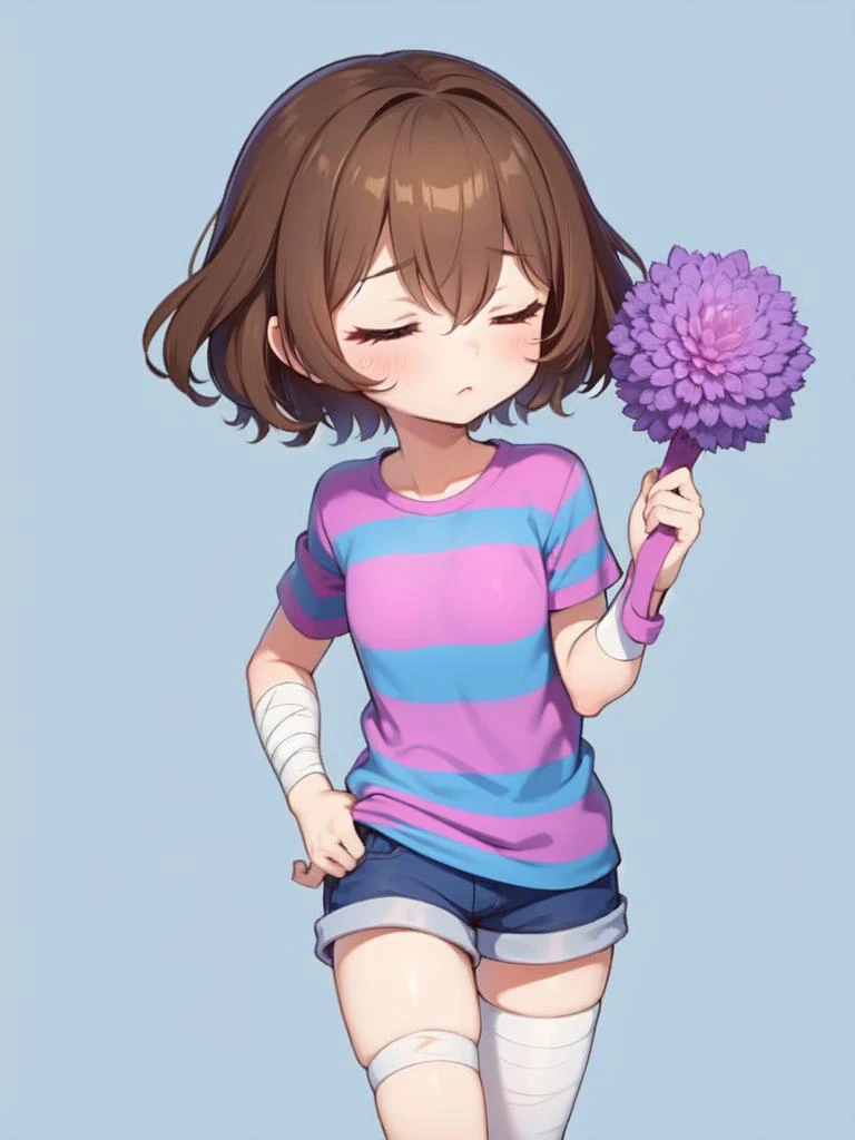 (masterpiece, best quality, detailed:1.5), <lora:Frisk_Undertale:1> frisk undertale, brown hair, short hair, closed eyes, BREAK (striped shirt:1.3), (purple stripes:1.2), (blue shirt:1.1), BREAK (arm bandage:1.3), holding a stick, blue shorts