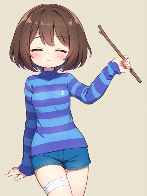 (masterpiece, best quality, detailed:1.5), solo, <lora:Frisk_Undertale:1> frisk undertale, brown hair, short hair, closed eyes, BREAK (striped shirt:1.3), (violet stripes:1.2), (blue shirt:1.1), BREAK (arm bandage:1.3), holding a stick, blue shorts