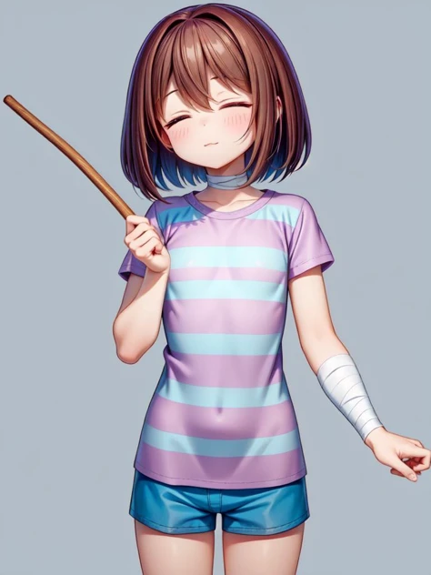(masterpiece, best quality, detailed:1.5), <lora:Frisk_Undertale:1> frisk undertale, brown hair, short hair, closed eyes, BREAK (striped shirt:1.3), (purple stripes:1.2), (blue shirt:1.1), BREAK (arm bandage:1.3), holding a stick, blue shorts