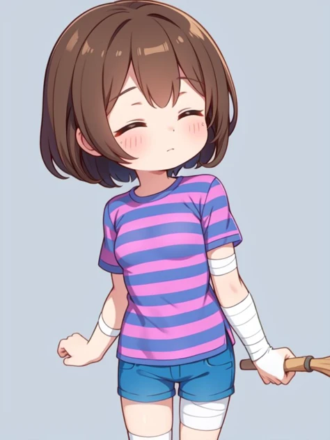 (masterpiece, best quality, detailed:1.5), solo, <lora:Frisk_Undertale:1> frisk undertale, brown hair, short hair, closed eyes, BREAK (striped shirt:1.3), (purple stripes:1.2), (blue shirt:1.1), BREAK (arm bandage:1.3), holding a stick, blue shorts