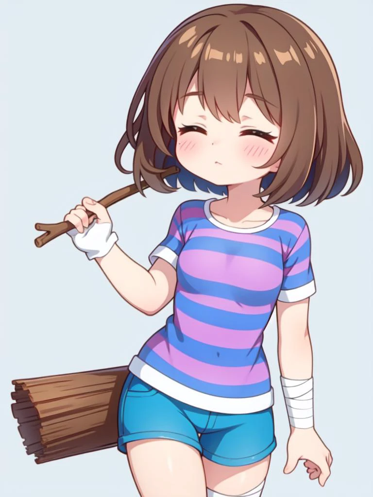 (masterpiece, best quality, detailed:1.5), solo, <lora:Frisk_Undertale:1> frisk undertale, brown hair, short hair, closed eyes, BREAK (striped shirt:1.3), (violet stripes:1.2), (blue shirt:1.1), BREAK (arm bandage:1.3), holding a stick, blue shorts