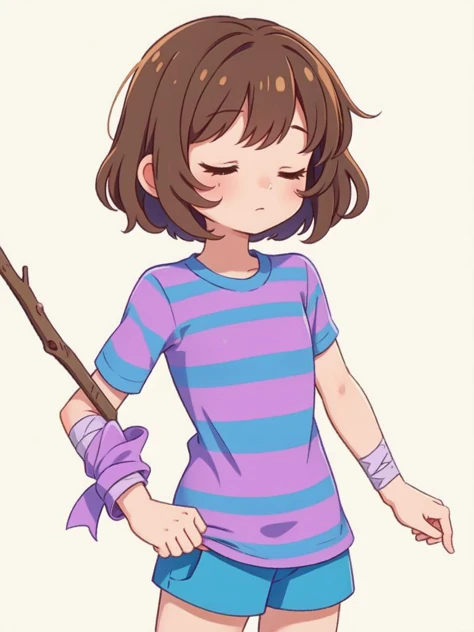 (masterpiece, best quality, detailed:1.5), <lora:Frisk_Undertale:1> frisk undertale, brown hair, short hair, closed eyes, BREAK (striped shirt:1.3), (purple stripes:1.2), (blue shirt:1.1), BREAK (arm bandage:1.3), holding a stick