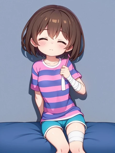 (masterpiece, best quality, detailed:1.5), solo, <lora:Frisk_Undertale:1> frisk undertale, brown hair, short hair, closed eyes, BREAK (striped shirt:1.3), (purple stripes:1.2), (blue shirt:1.1), BREAK (arm bandage:1.3), holding a stick, blue shorts
