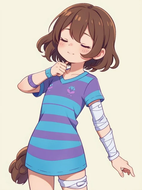 (masterpiece, best quality, detailed:1.5), <lora:Frisk_Undertale:1> frisk undertale, brown hair, short hair, closed eyes, BREAK (striped shirt:1.3), (purple stripes:1.2), (blue shirt:1.1), BREAK (arm bandage:1.3), holding a stick