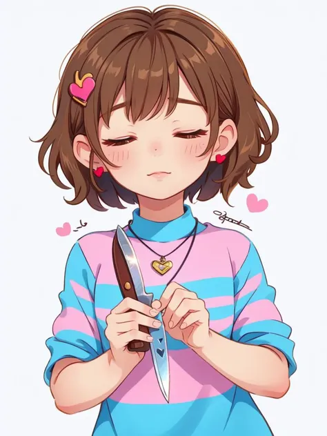 (masterpiece, best quality, detailed:1.5), solo, <lora:Frisk_Undertale:0.8> frisk undertale, brown hair, short hair, closed eyes, blue and pink striped shirt, (heart locket, holding an old knife:1.1)