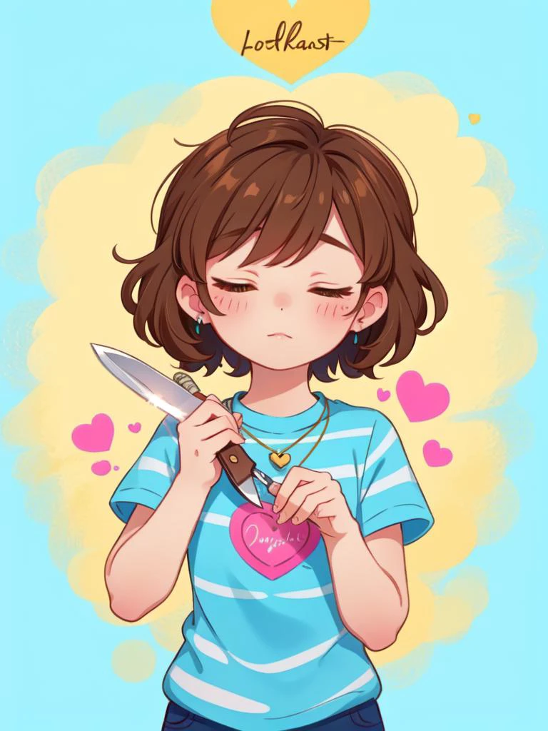 (masterpiece, best quality, detailed:1.5), solo, <lora:Frisk_Undertale:0.8> frisk undertale, brown hair, short hair, closed eyes, blue and pink striped shirt, (heart locket, holding an old knife:1.1)