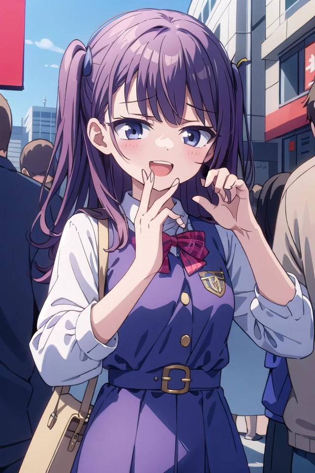 insanely detailed, absurdres, ultra-highres, ultra-detailed, best quality,
1girl, solo, nice hands, perfect hands
BREAK
wearing school uniform, (cleavage:-1.5)
BREAK
happy smile, laugh, closed mouth, standing, (45 angle:-1.5), (from side:-1.5)
BREAK
<lora:sensualface_type4:0.8> <lora:OjouSamaPose:1:lbw=INALL> ojou-sama pose, naughty face, upset, smile, open mouth, laughing, tilt head,, cowboy shot
BREAK
slender, kawaii, perfect symmetrical face, ultra cute girl, ultra cute face, ultra detailed eyes, ultra detailed hair, ultra cute, ultra beautiful
BREAK
in harajuku, shibuya, tokyo, street, crowd, cityscape
BREAK
medium breasts,
(purple hair, black eyes),