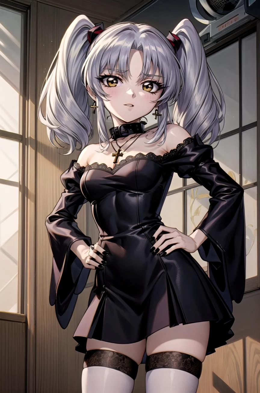 (masterpiece, best quality, detailed), 1girl, solo, rh, twintails, hair ornament, looking at viewer,
gothic, black lips, latin cross, cross earrings, black nails, vampire, black collar, multiple rings, fishnets, lipstick, piercing, cross necklace, headdress, eyeshadow, makeup, lace, frilled thighhighs, black dress, shoulder cutout, indoors, tatami, sliding doors, cushion, electric fan, kotatsu, <lora:OjouSamaPose:1>, ojou-sama pose, hand on hip, closed mouth, smug
