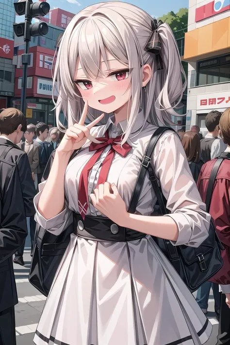 <lora:smirkingeye_v200:1>
<lora:smirkingmouth_v100:1>
insanely detailed, absurdres, ultra-highres, ultra-detailed, best quality,
1girl, solo, nice hands, perfect hands
BREAK
(wearing school uniform),
happy smile, laugh, open mouth,
<lora:OjouSamaPose:1:lbw=INALL> OjouSamaPose, cowboy shot, looking at viewer,
BREAK
slender, kawaii, perfect symmetrical face, ultra cute girl, ultra cute face, ultra detailed eyes, ultra detailed hair, ultra cute, ultra beautiful,
BREAK
in harajuku, shibuya, tokyo, street, crowd, cityscape,
medium breasts
BREAK
(white medium hair, dark red eyes)