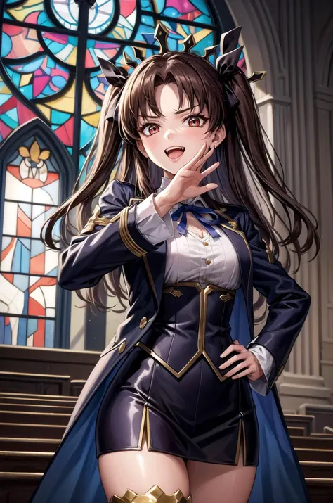 (masterpiece, best quality, detailed), 1girl, solo, aaishtar, long hair, two side up, hair ribbon, tiara, parted bangs, looking at viewer,
tailcoat, fishnet top, single thighhigh, single sleeve, medical eyepatch, purple ribbon, choker, single glove, glowing eye, bandaged arm, indoors, church, stained glass, window, candle, sunlight, <lora:OjouSamaPose:1>, ojou-sama pose, laughing, hand on hip, naughty face, smug