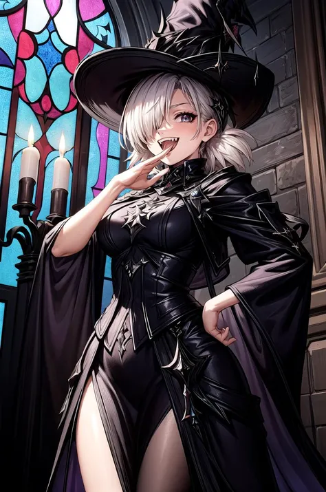 (masterpiece, best quality, detailed), 1girl, solo, looking at viewer, hat,
<lora:hellsing_serasvictoria:1>, seras victoria, hair over one eye, <lora:edgBlackMage:1.1>, edgBlkMage, wearing edgBlkMage, night, indoors, church, stained glass, window, candle, <lora:OjouSamaPose:1>, ojou-sama pose, laughing, hand on hip, naughty face, smug,