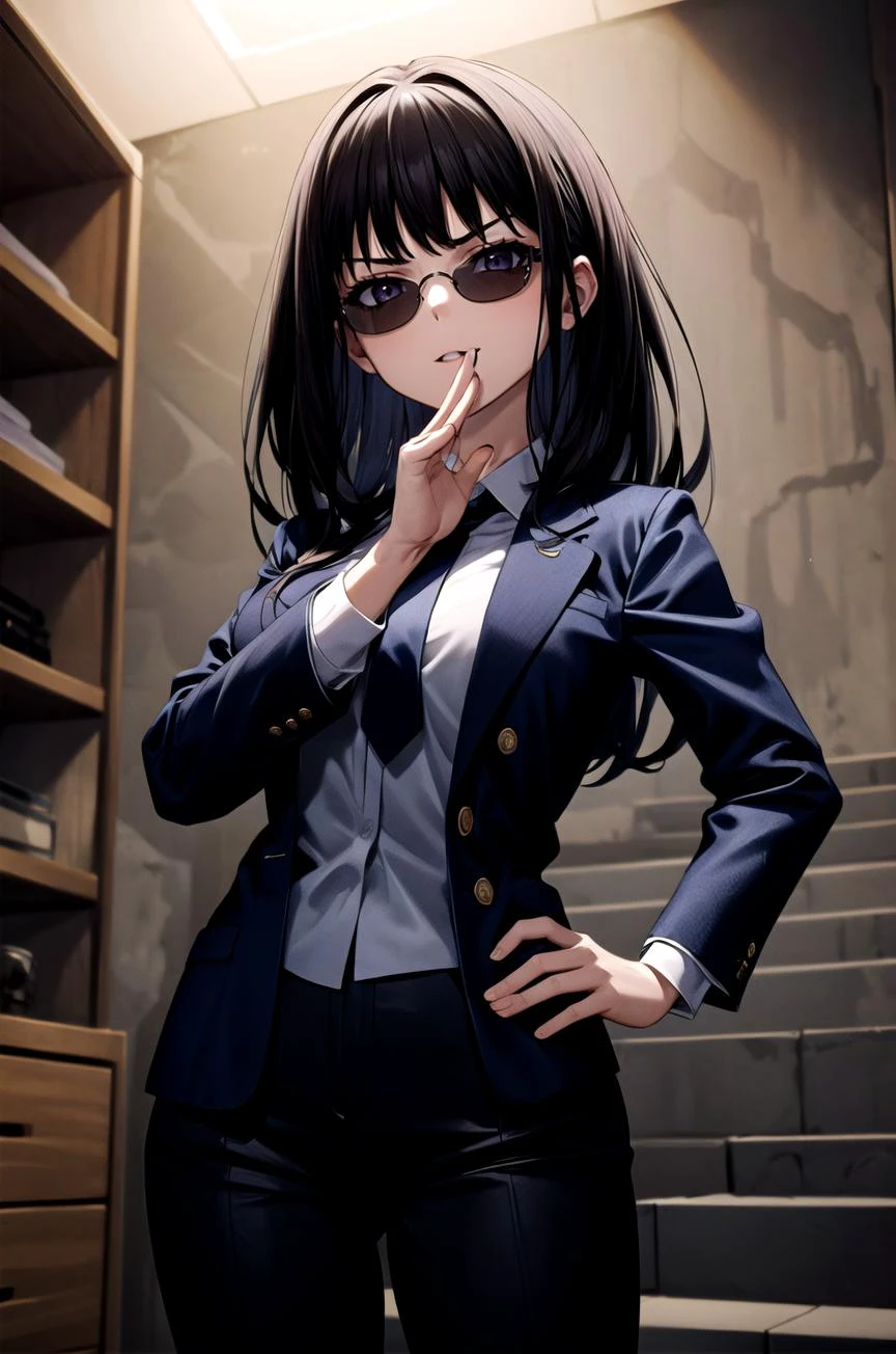 (masterpiece, best quality, detailed), 1girl, solo, looking at viewer, aatakina, long hair, black hair, breasts,
pant suit, suit, formal, black suit, black pants, necktie, white shirt, sunglasses, <lora:basement_v0.2:1> basement, (dark:1.5), dimly lit, <lora:OjouSamaPose:1>, ojou-sama pose, hand on hip, naughty face, smug