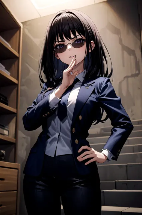 (masterpiece, best quality, detailed), 1girl, solo, looking at viewer, aatakina, long hair, black hair, breasts, 
pant suit, suit, formal, black suit, black pants, necktie, white shirt, sunglasses, <lora:basement_v0.2:1> basement, (dark:1.5), dimly lit, <lora:OjouSamaPose:1>, ojou-sama pose, hand on hip, naughty face, smug