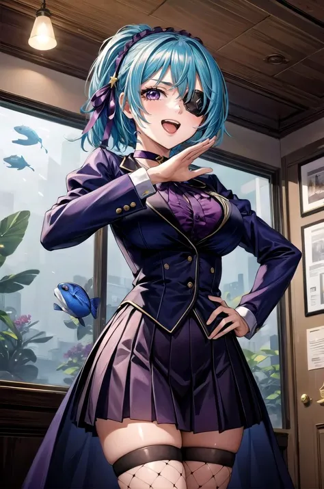(masterpiece, best quality, detailed), 1girl, solo, looking at viewer, kurono kurumu, hairband, hair ornament,
tailcoat, fishnet top, single thighhigh, single sleeve, medical eyepatch, purple ribbon, choker, single glove, glowing eye, bandaged arm, indoors, aquarium, fish, bubble, scenery, jellyfish, <lora:OjouSamaPose:1>, ojou-sama pose, laughing, hand on hip, naughty face, smug,