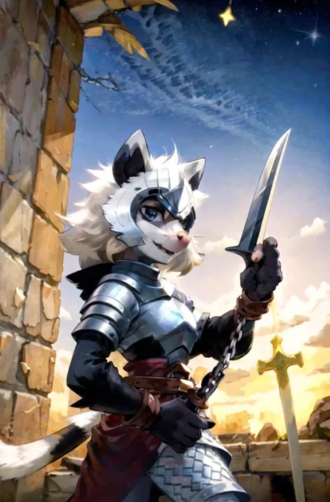 masterpiece, best quality,furry opossum girl,white wave hair,(chainmail:1.3),helmet, holding sword
( Medievalcat:1.3),solo,bird,star,outdoors,opossum
medieval, painting, <lora:opossum:0.8>