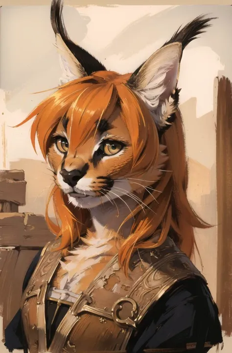 absurdres, highres, ultra detailed, masterpiece, cel shading,africa
furry girl,caracal,long orange hair,shiny hair,(high detail fur:1.2),solo,roman army,oil painting,traditional media
looking at viewer
 <hypernet:furry_kemono:0.3><lora:Caracal:0.7> <lora:ankamaV2:0.3>  <lora:Oilpainting:0.5>