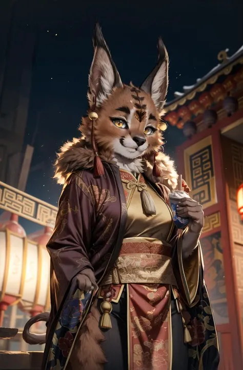 masterpiece, best quality,furry girl,Lama Temple,hdr,cinema angle
perfect light,dark skin,animal nose,solo,detail fur,epic movie concept
adorable,chinese clothes,  looking at viewer,caracal
<hypernet:furry_kemono:0.5>  <lora:Caracal:0.7> <lora:add_detail:0.5> <lora:Possum2:0.5>
