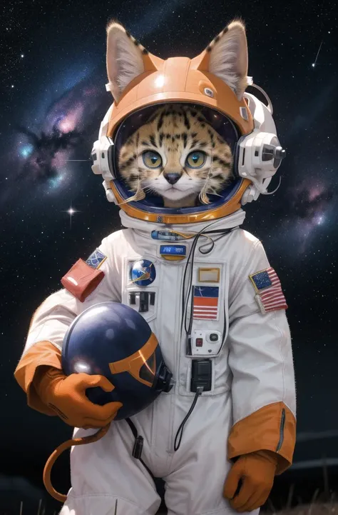 masterpiece, best quality,hdr,8k,1girl,furry female,space ship,orange astronaut suit,cowboy shot,helmet,
servalcat,galaxy,kitten,adorable,looking at viewer,fly in sky
<hypernet:furry_kemono:0.4><lora:servalcat:0.7>