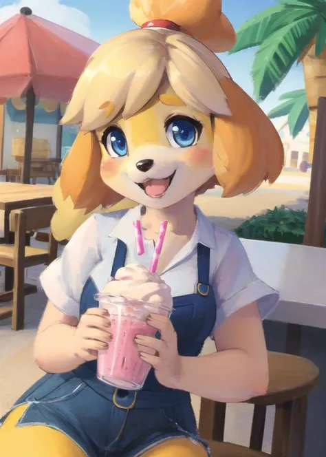 {{{1girl, solo, masterpiece, best quality, ultra detailed, high quality, 8k, absurdres, highres}}}, {{{furry girl, Isabelle (animal crossing):1.3, high detail fur:1.2}}}, excited, holding a milkshake, outdoors, {{{red warm colorful lighting, blue cool colorful shadows}}},