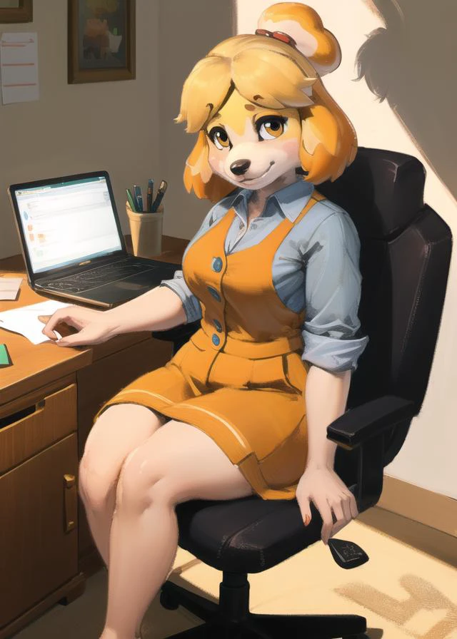 absurdres, highres, ultra detailed, masterpiece, sharp shading, {{{furry girl, Isabelle (animal crossing):1.3, high detail fur:1.2}}}, relaxed, sitting on her desk, office, {{{cast shadow, chiaroscuro, orange lighting}}},