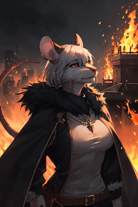 rat, anthro, female, fur coat, (best quality), (detailed fire urban background:1.2), dramatic lighting, (detailed fluffy fur:1.1), (fantasy:1.2)
