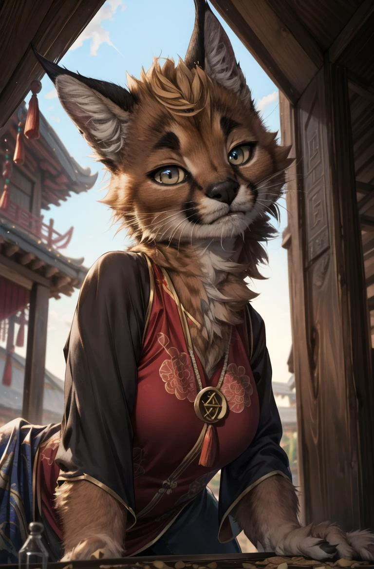 masterpiece, best quality,furry girl,africa,Temple,hdr,cinema angle
perfect light,dark skin,animal nose,solo,detail fur,epic movie concept
adorable,chinese clothes, looking at viewer,caracal
<hypernet:furry_kemono:0.5> <lora:Caracal:0.7> <lora:add_detail:0.5> <lora:Possum2:0.5>