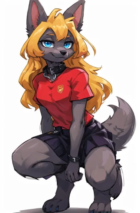 wolf furry girl,blonde,long hair,looking at viewer,crossed bangs,blue eyes,high detail eyes
by Glacierclear, by Ulitochka, by Levelviolet, by Zephyxus,
(red shirt:1.2),black skirt,(high detail grey fur:1.2),punk collar,zootopia, fur paws
(white background:1.1)masterpiece,highres,8k,(sharp:1.15)
<lora:Hyilpi_style_V1.0:0.3>