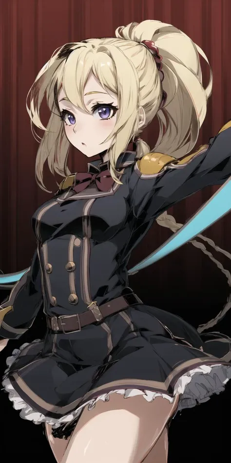 hires,8k,effect,high detail eyes,effect background,solo,head focus,dynamic pose,
1girl,blonde,ponytail,???,(unlight:1.2),uniform,
<lora:Unlight:1> <lora:GoodHands-vanilla:1.2>