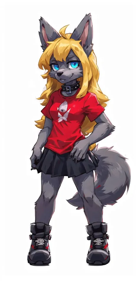 wolf furry girl,blonde,long hair,looking at viewer,crossed bangs,blue eyes,high detail eyes
solo,by Glacierclear, by Ulitochka, by Levelviolet, by Zephyxus,full body,black footwear,
(red t-shirt:1.2),black skirt,(high detail grey fur:1.2),punk collar,zootopia, fur paws
(white background:1.1)masterpiece,highres,8k,(sharp:1.15)