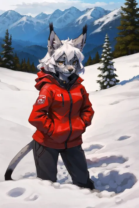 masterpiece, best quality,canadalynx, lynx, shanmao, sheli,looking at viewer,
furry girl,white hair,long hair,red alpine jacket,snow,outdoors
<lora:Lynx:0.5>