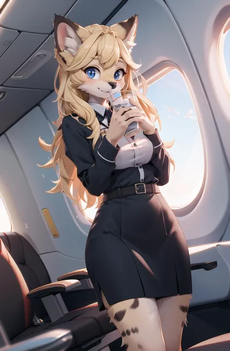 masterpiece, best quality,hdr,8k,1girl,furry female,airplane indoors,solo,high detail fur,cinema angle,8K,game CG
perfect lighting,servalcat,air stewardess uniform,kitten,adorable,blonde,long hair,paws,drinking,drink milk,looking at viewer, 
<hypernet:furry_kemono:0.5><lora:servalcat:0.7> <lora:3DMM_V7:0.5>