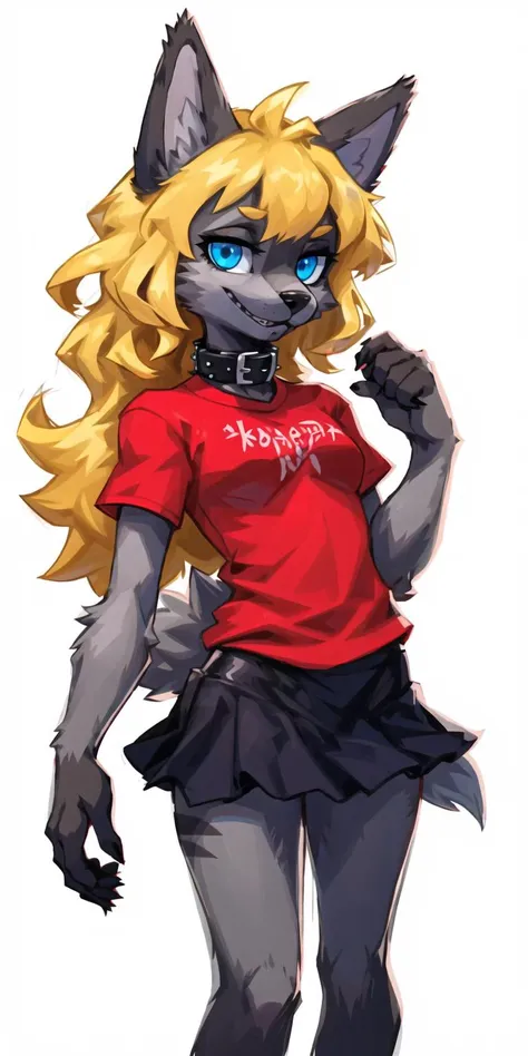 wolf furry girl,blonde,long hair,looking at viewer,crossed bangs,blue eyes,high detail eyes
solo,by Glacierclear, by Ulitochka, by Levelviolet, by Zephyxus,
(red t-shirt:1.2),black skirt,(high detail grey fur:1.2),punk collar,zootopia, fur paws
(white background:1.1)masterpiece,highres,8k,(sharp:1.15)