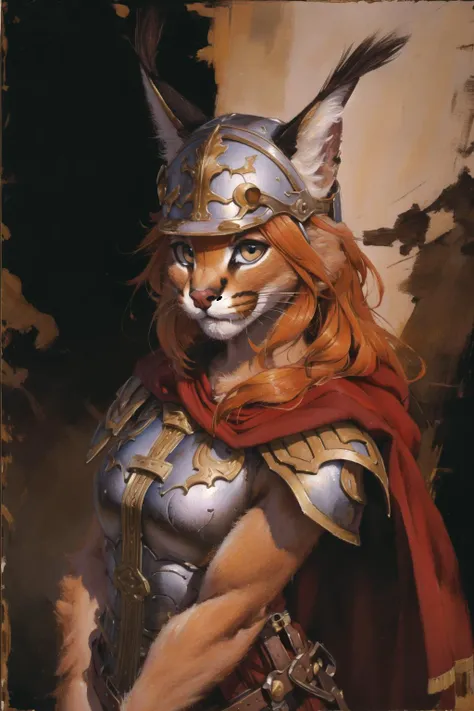 absurdres, highres, ultra detailed, masterpiece, cel shading,wind,thunderbolt
furry girl,caracal,long orange hair,shiny hair,(high detail fur:1.2),solo,oil painting,traditional media
looking at viewer,romanarmy warrior with helmet on and red cape,
<lora:Caracal:0.7>  <lora:Oilpainting:0.5> <lora:ARWromanarmy:1> <lora:kenkelly:0.3>