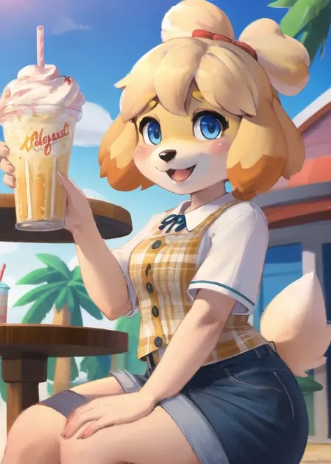 {{{1girl, solo, masterpiece, best quality, ultra detailed, high quality, 8k, absurdres, highres}}}, {{{furry girl, Isabelle (animal crossing):1.3, high detail fur:1.2}}}, excited, holding a milkshake, outdoors, {{{red warm colorful lighting, blue cool colorful shadows}}},