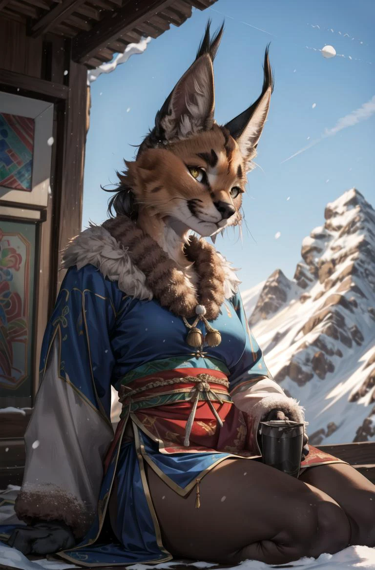 masterpiece, best quality,furry girl,Snow mountain in Tibet,Temple,hdr,cinema angle
perfect light,dark skin,animal nose,solo,detail fur,epic movie concept
adorable,chinese clothes, looking at viewer,caracal
<hypernet:furry_kemono:0.5> <lora:Caracal:0.7> <lora:add_detail:0.5> <lora:Possum2:0.5>