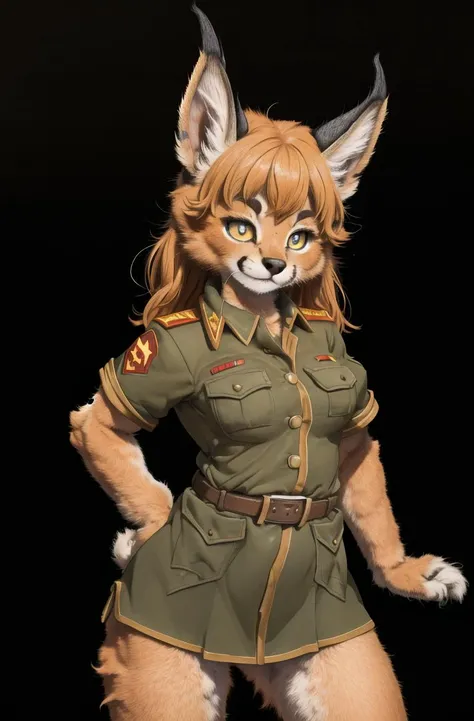 masterpiece, best quality,4k,hdr,perfect lighting 1girl,furry,solo,moscow,soviet,cowboy shot,fang,arm arms behind back,
kitten,adorable,black uniform, looking at viewer,caracal,Communist ideology,dynamic pose,fur tail,high detail fur
<hypernet:furry_kemono:0.5> <lora:Caracal:0.8>