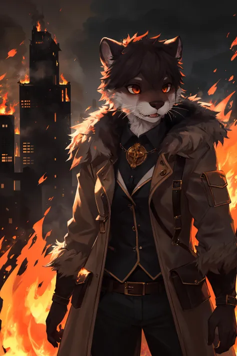 otter, detective, anthro, female, fur coat, (best quality), (detailed fire urban background:1.2), dramatic lighting, (detailed fluffy fur:1.1), (fantasy:1.2)